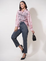 Clobug Women Printed Cotton Blend Oversized Full Sleeve Multicolor Shirt