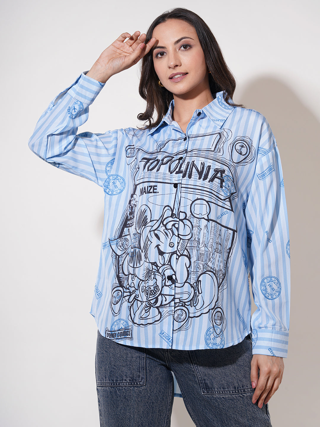 Clobug Women Printed Cotton Blend Oversized Full Sleeve Multicolor Shirt