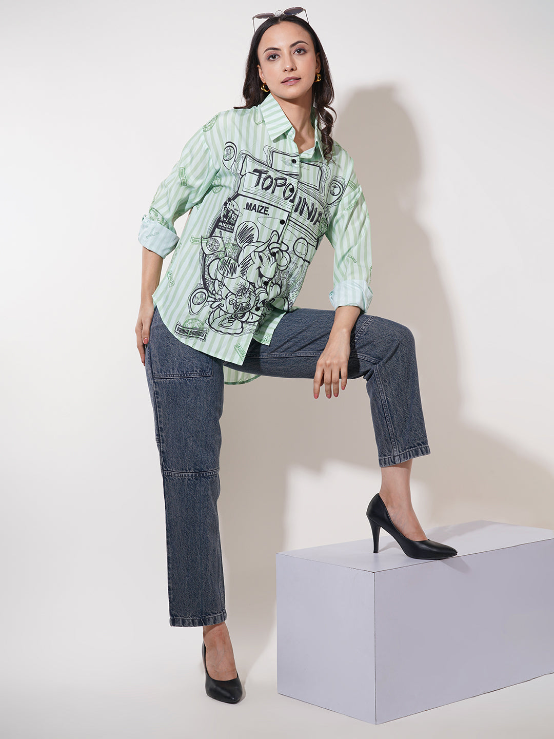 Clobug Women Printed Cotton Blend Oversized Full Sleeve Multicolor Shirt