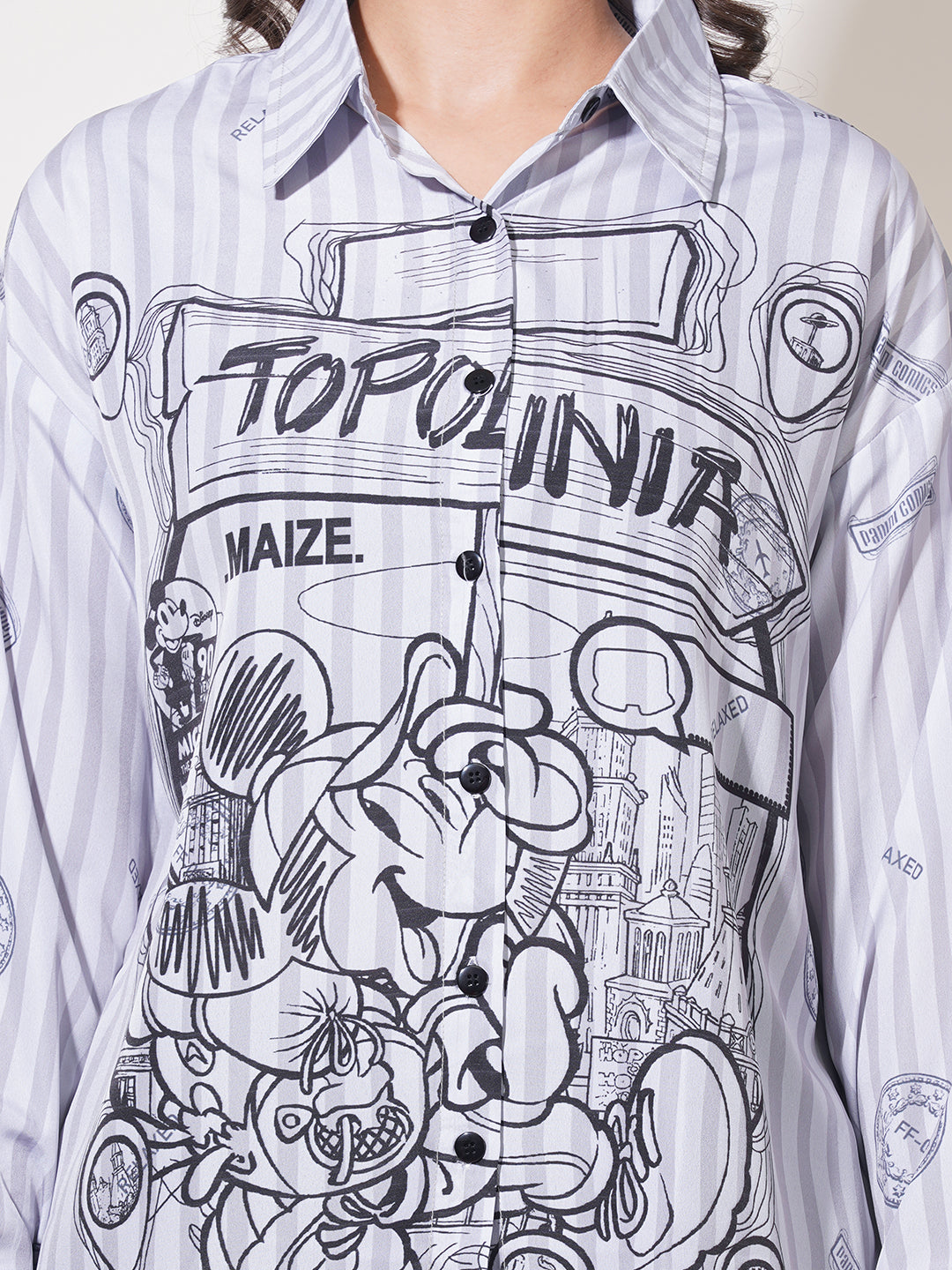 Clobug Women Printed Cotton Blend Oversized Full Sleeve Multicolor Shirt