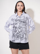 Clobug Women Printed Cotton Blend Oversized Full Sleeve Multicolor Shirt