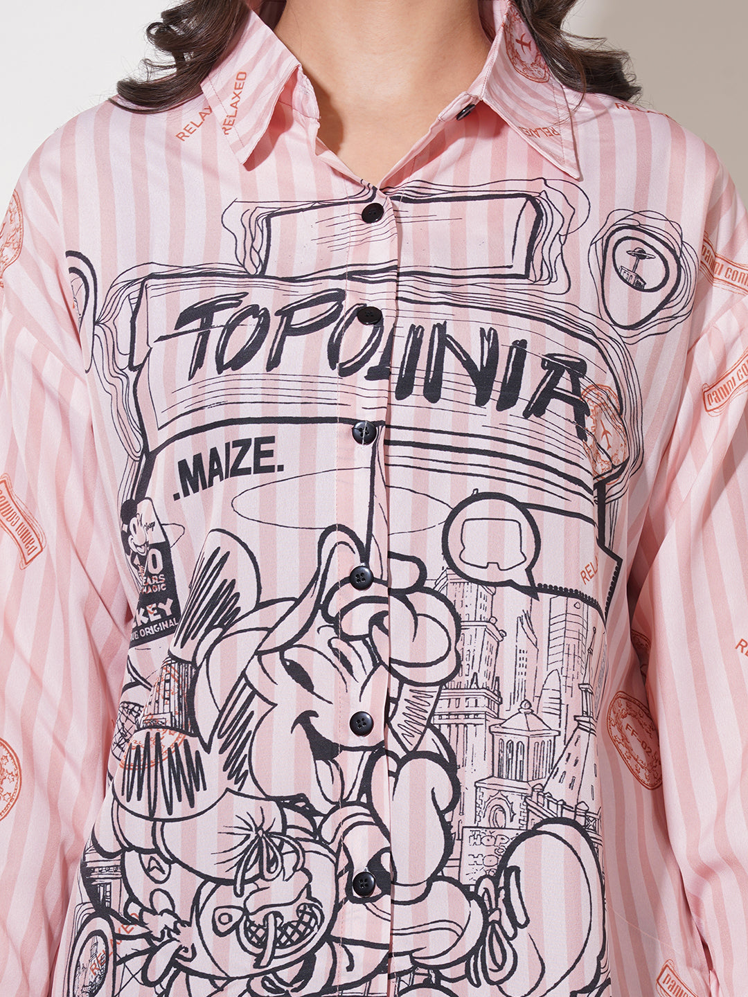 Clobug Women Printed Cotton Blend Oversized Full Sleeve Multicolor Shirt