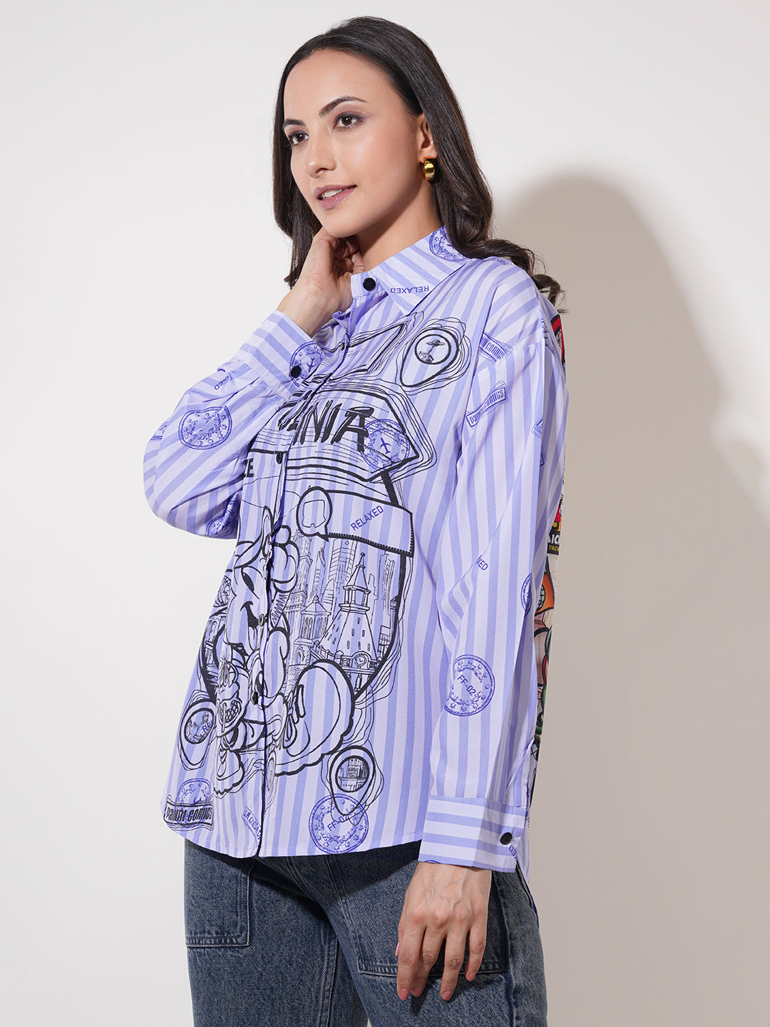 Clobug Women Printed Cotton Blend Oversized Full Sleeve Multicolor Shirt