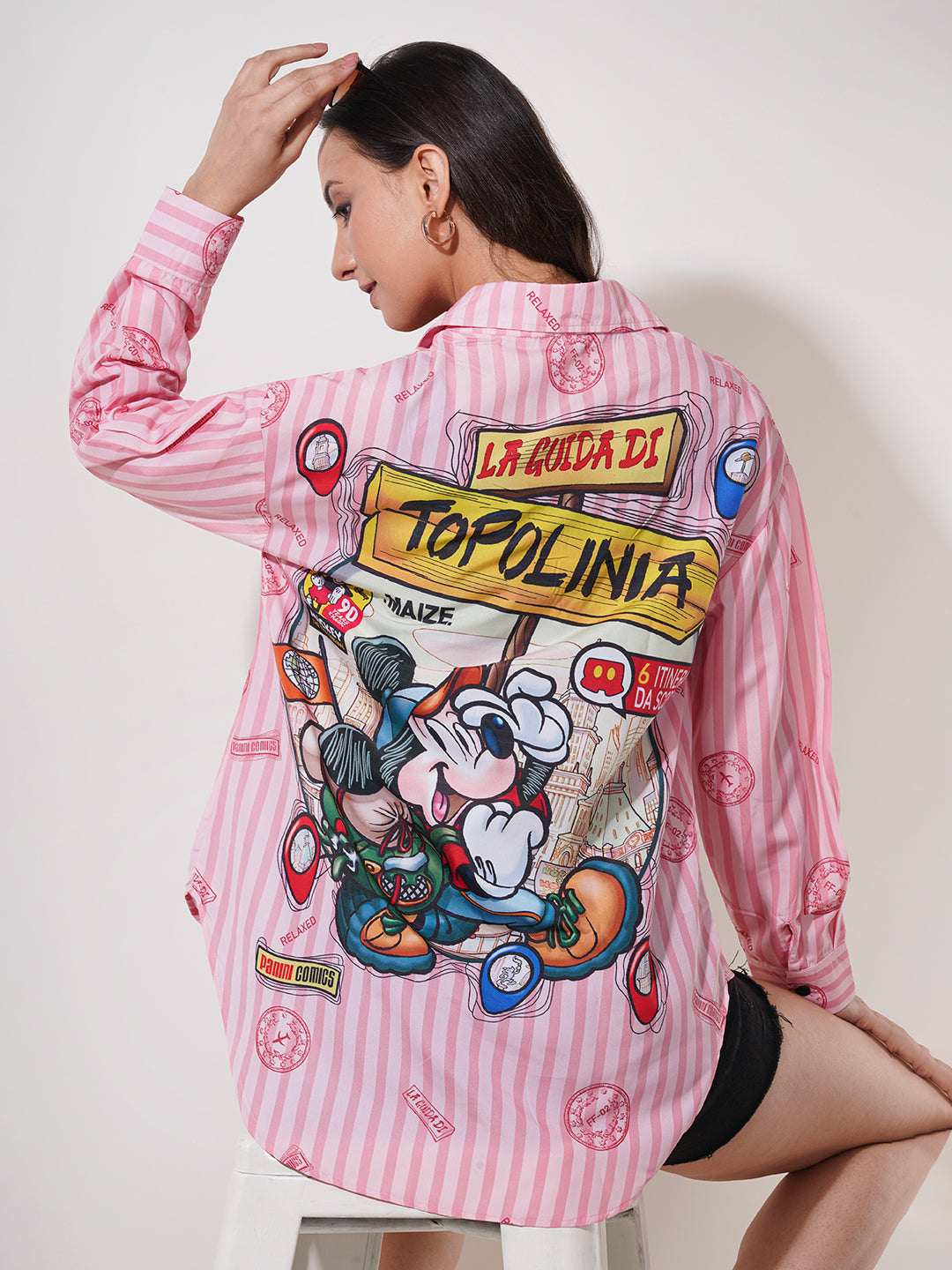 Clobug Women Printed Cotton Blend Oversized Full Sleeve Multicolor Shirt