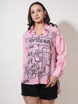 Clobug Women Printed Cotton Blend Oversized Full Sleeve Multicolor Shirt