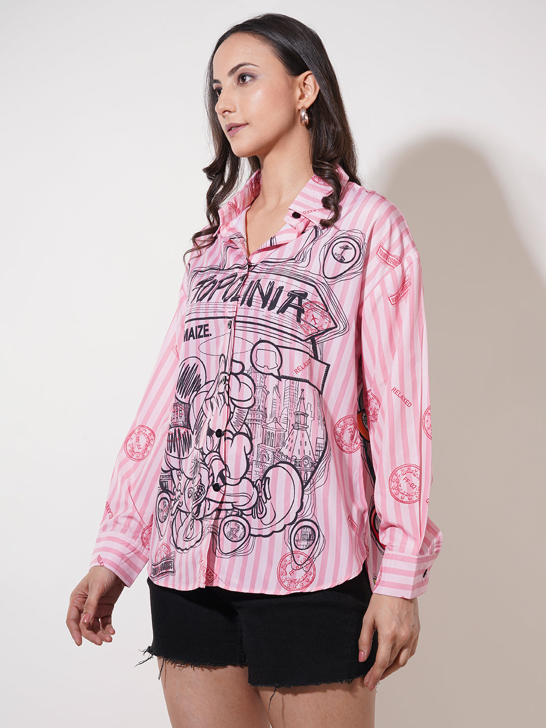 Clobug Women Printed Cotton Blend Oversized Full Sleeve Multicolor Shirt