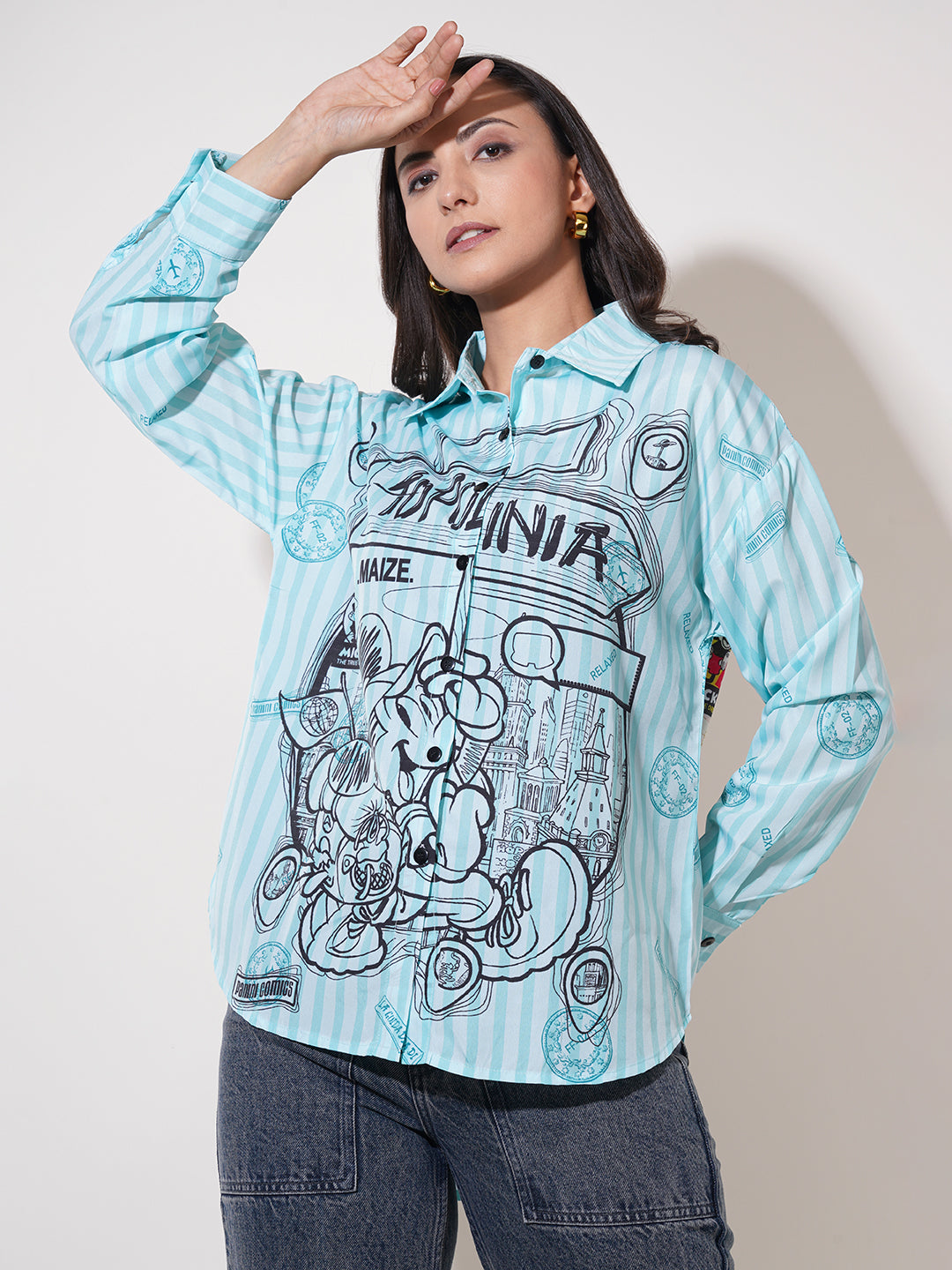 Clobug Women Printed Cotton Blend Oversized Full Sleeve Multicolor Shirt