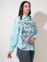 Clobug Women Printed Cotton Blend Oversized Full Sleeve Multicolor Shirt