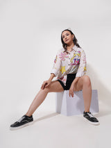 Clobug Women Printed Cotton Blend Oversized Full Sleeve Multicolor Shirt