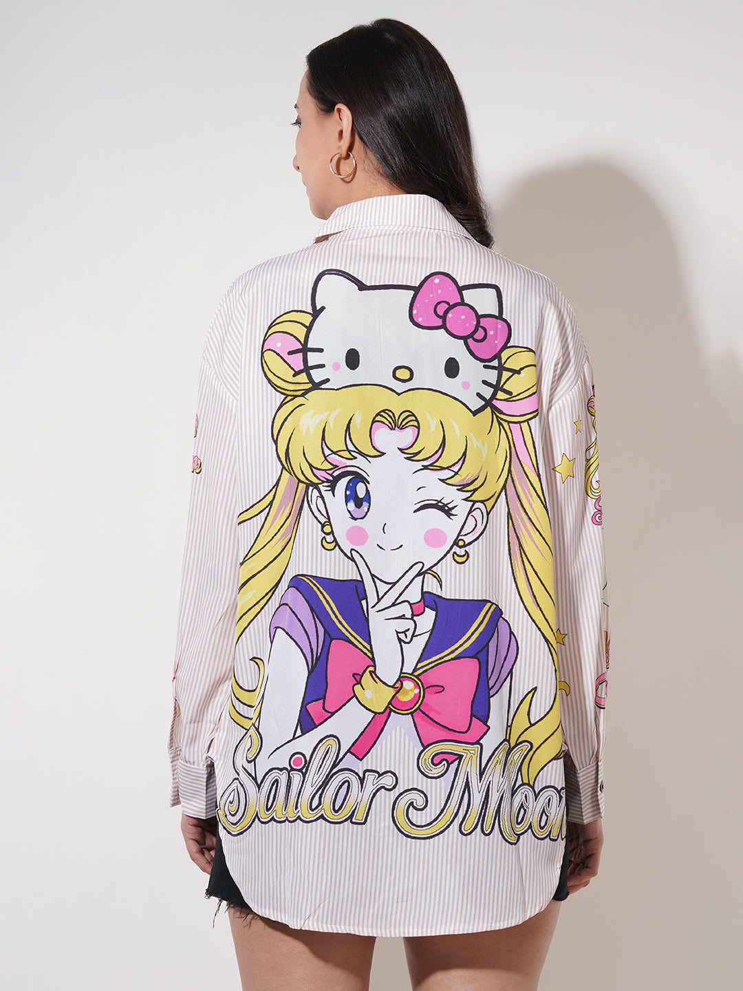 Clobug Women Printed Cotton Blend Oversized Full Sleeve Multicolor Shirt