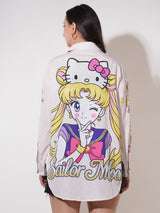 Clobug Women Printed Cotton Blend Oversized Full Sleeve Multicolor Shirt