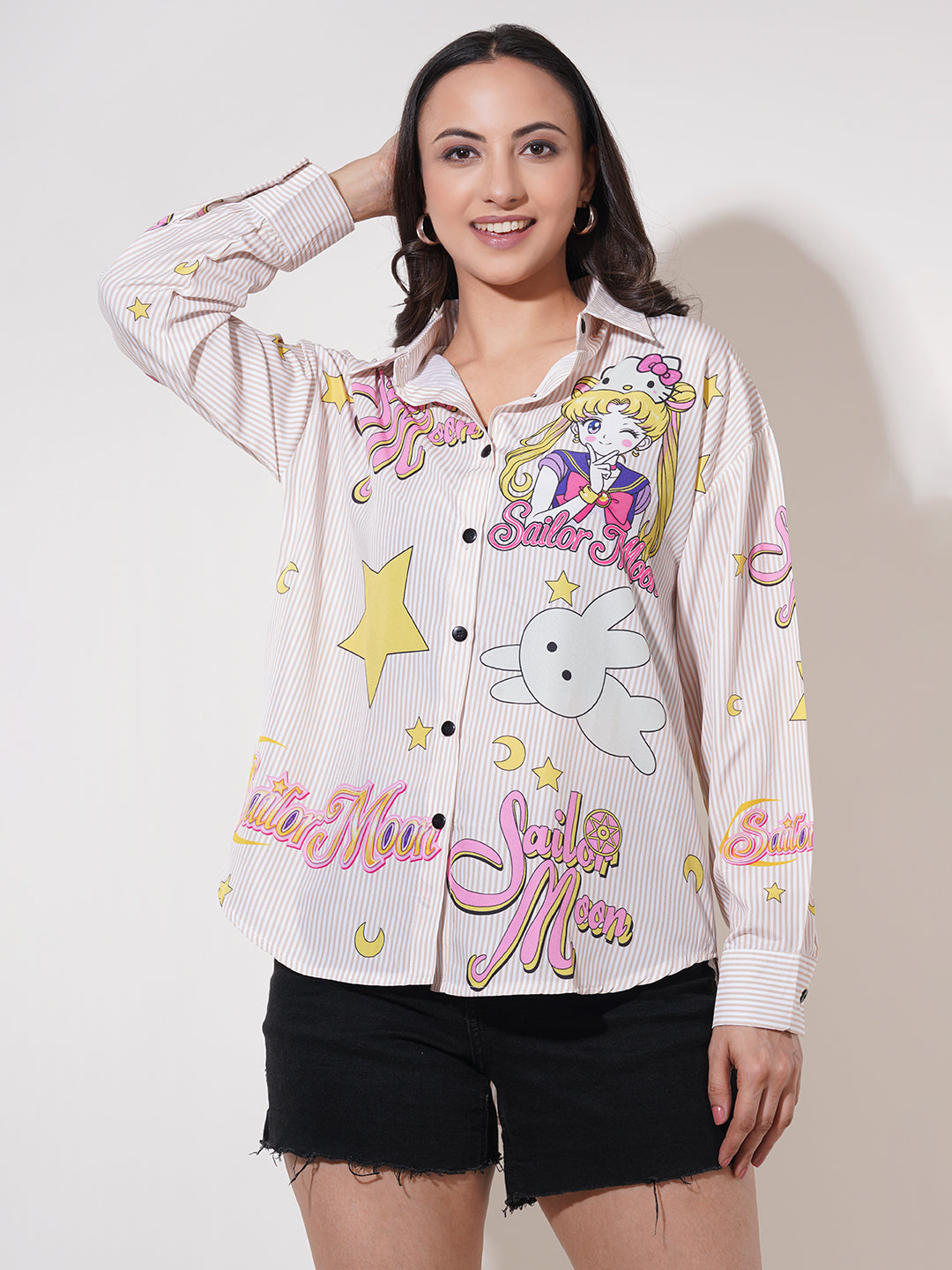 Clobug Women Printed Cotton Blend Oversized Full Sleeve Multicolor Shirt