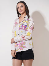 Clobug Women Printed Cotton Blend Oversized Full Sleeve Multicolor Shirt