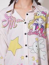 Clobug Women Printed Cotton Blend Oversized Full Sleeve Multicolor Shirt