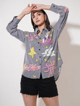 Clobug Women Printed Cotton Blend Oversized Full Sleeve Multicolor Shirt