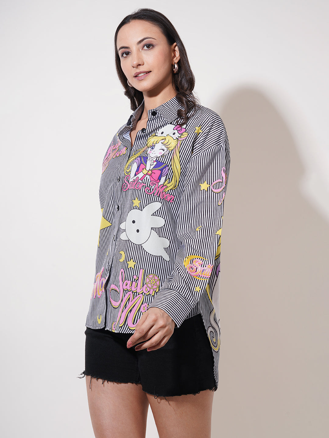 Clobug Women Printed Cotton Blend Oversized Full Sleeve Multicolor Shirt
