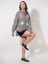 Clobug Women Printed Cotton Blend Oversized Full Sleeve Multicolor Shirt