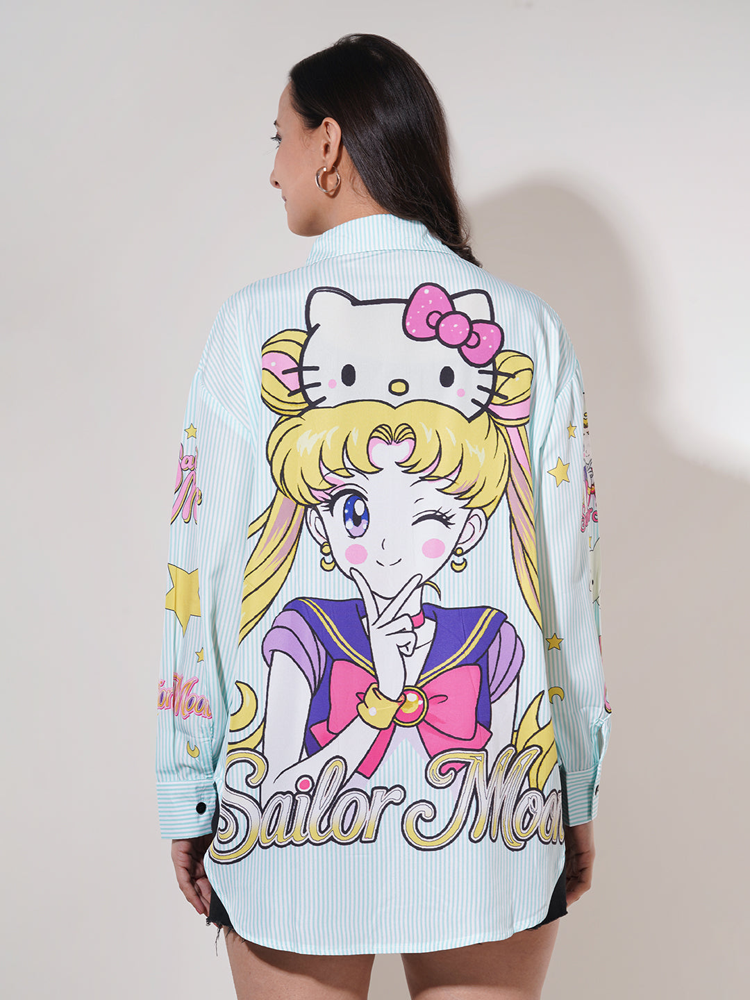 Clobug Women Printed Cotton Blend Oversized Full Sleeve Multicolor Shirt