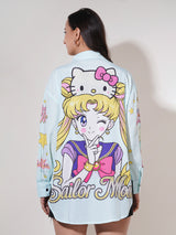 Clobug Women Printed Cotton Blend Oversized Full Sleeve Multicolor Shirt