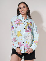 Clobug Women Printed Cotton Blend Oversized Full Sleeve Multicolor Shirt