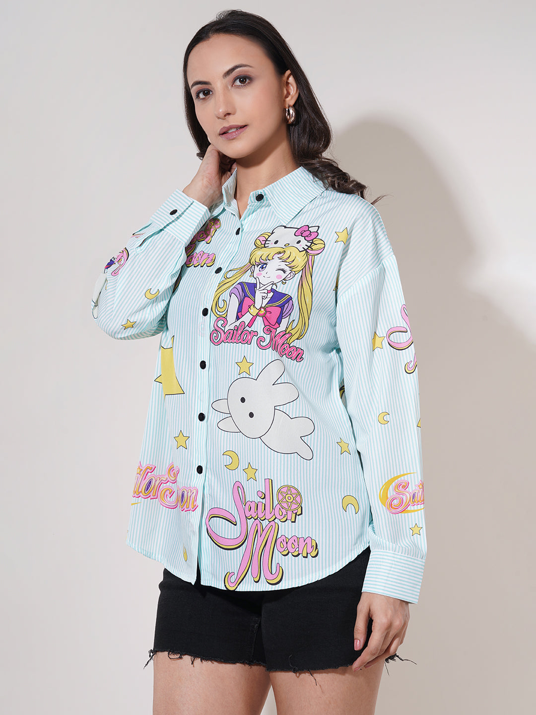 Clobug Women Printed Cotton Blend Oversized Full Sleeve Multicolor Shirt