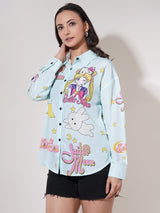 Clobug Women Printed Cotton Blend Oversized Full Sleeve Multicolor Shirt