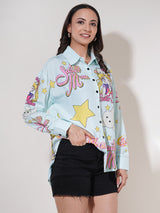 Clobug Women Printed Cotton Blend Oversized Full Sleeve Multicolor Shirt