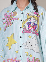 Clobug Women Printed Cotton Blend Oversized Full Sleeve Multicolor Shirt