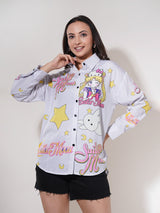 Clobug Women Printed Cotton Blend Oversized Full Sleeve Multicolor Shirt