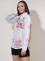 Clobug Women Printed Cotton Blend Oversized Full Sleeve Multicolor Shirt