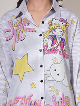 Clobug Women Printed Cotton Blend Oversized Full Sleeve Multicolor Shirt