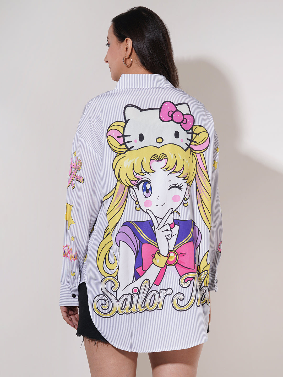 Clobug Women Printed Cotton Blend Oversized Full Sleeve Multicolor Shirt