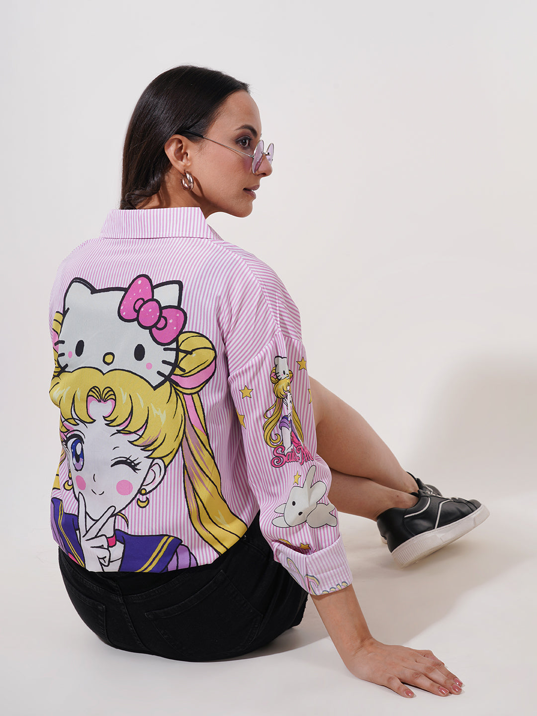 Clobug Women Printed Cotton Blend Oversized Full Sleeve Multicolor Shirt