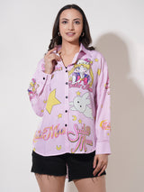 Clobug Women Printed Cotton Blend Oversized Full Sleeve Multicolor Shirt