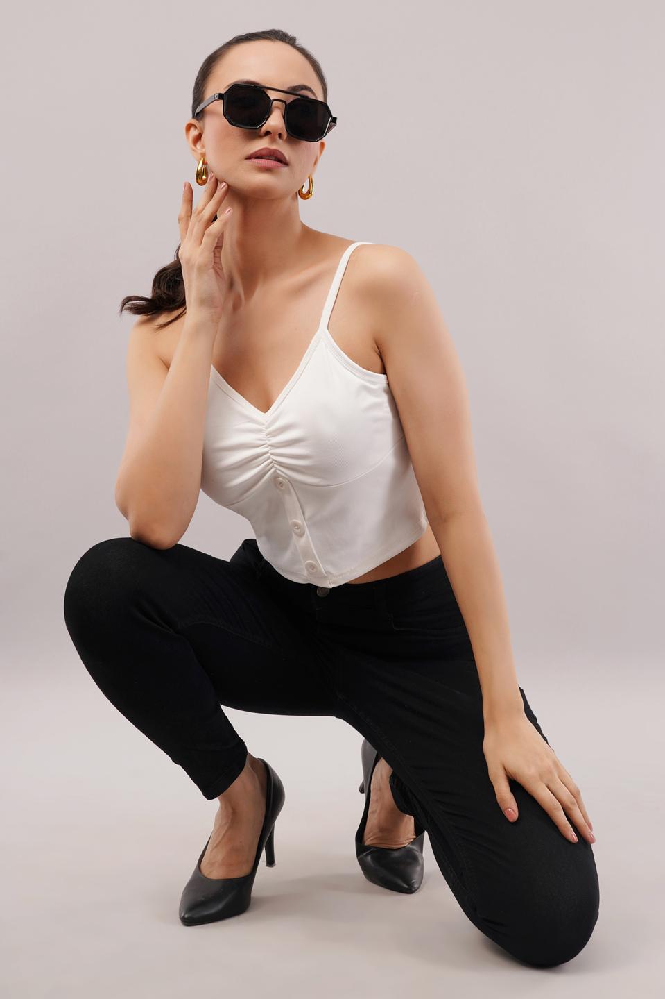 Clobug Women Shoulder Strap Cotton Blend Tank Top