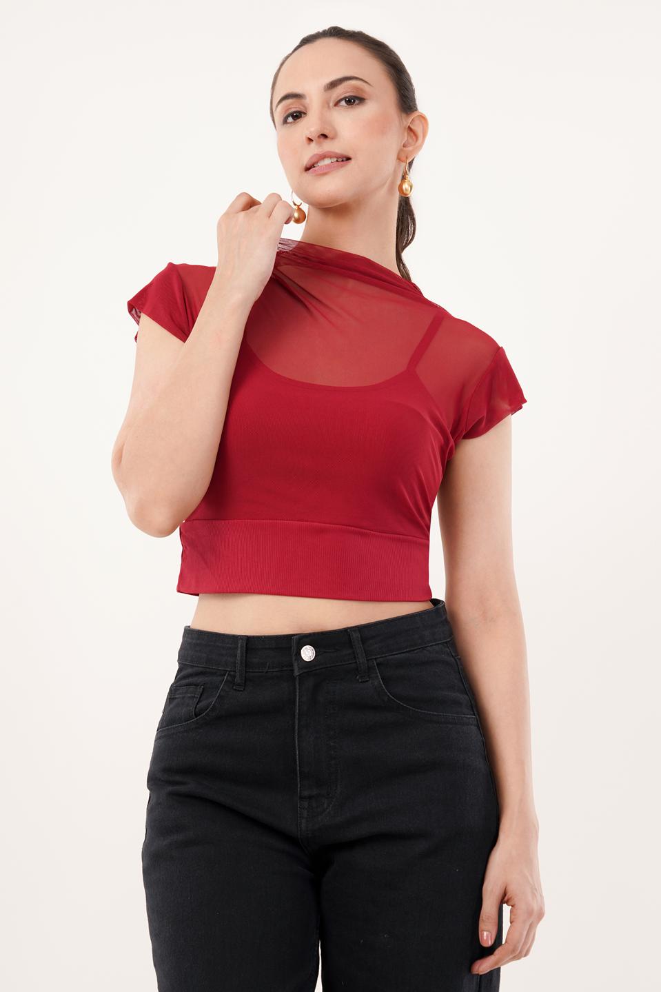 Clobug Women Short Sleeve Cotton Blend Red Crop Top