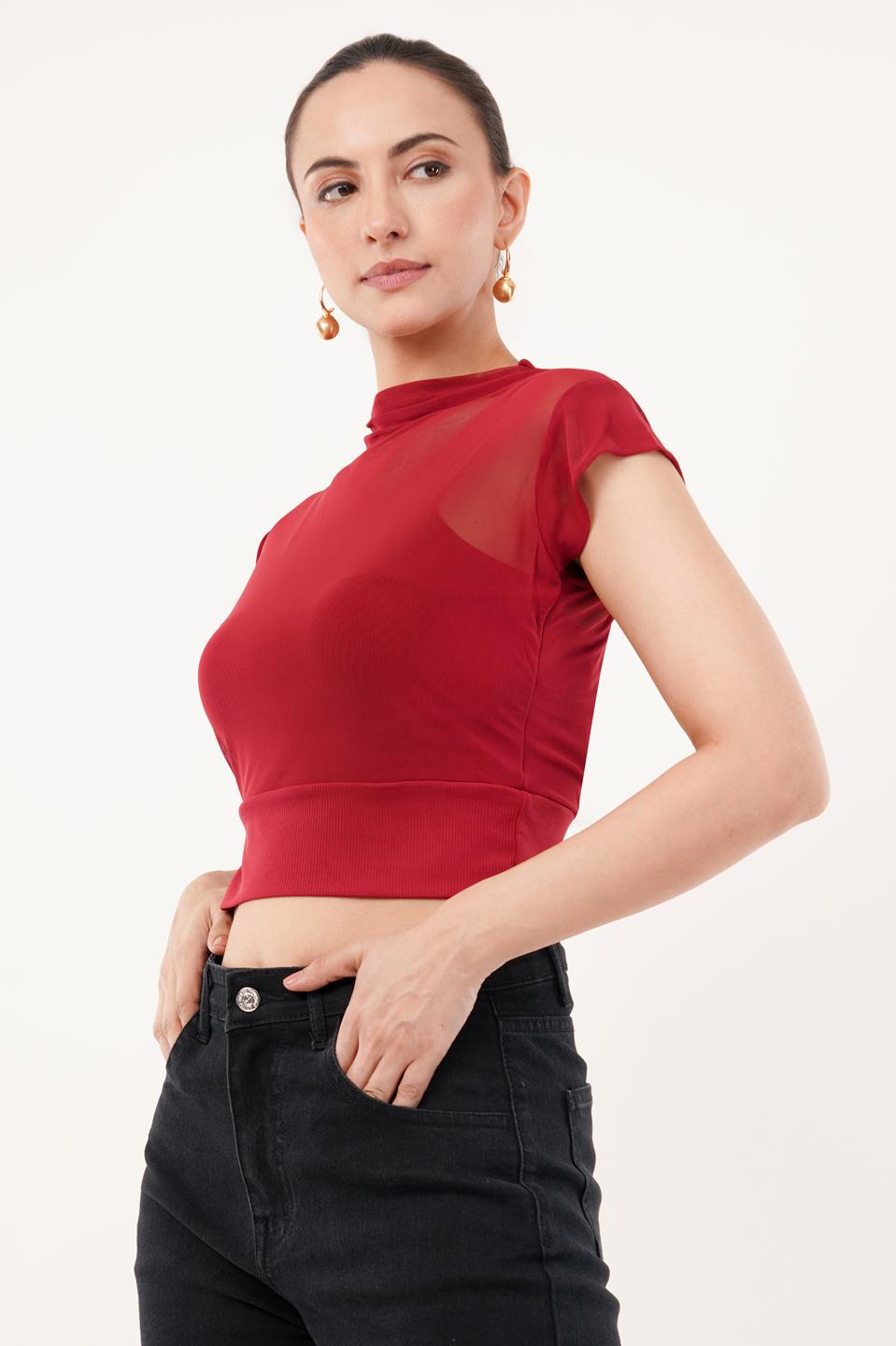 Clobug Women Short Sleeve Cotton Blend Red Crop Top