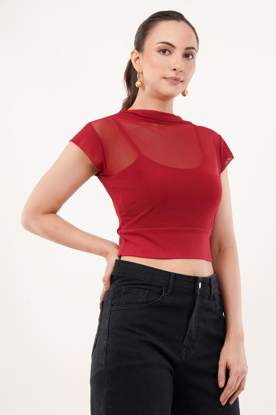 Clobug Women Short Sleeve Cotton Blend Red Crop Top