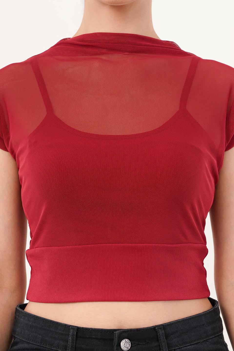 Clobug Women Short Sleeve Cotton Blend Red Crop Top