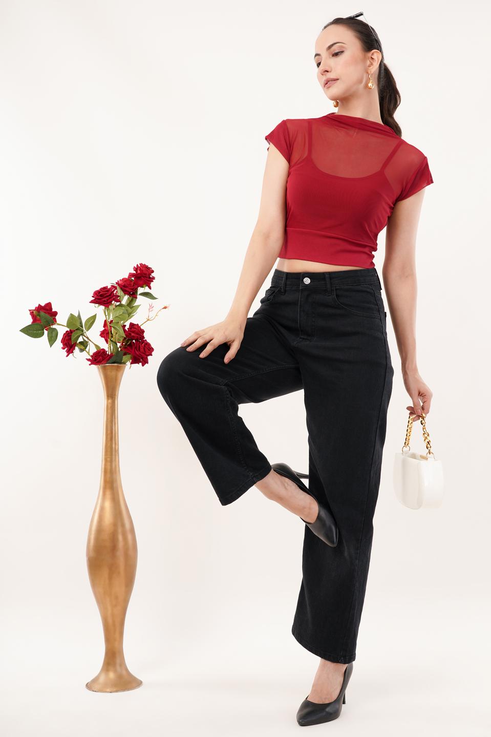 Clobug Women Short Sleeve Cotton Blend Red Crop Top