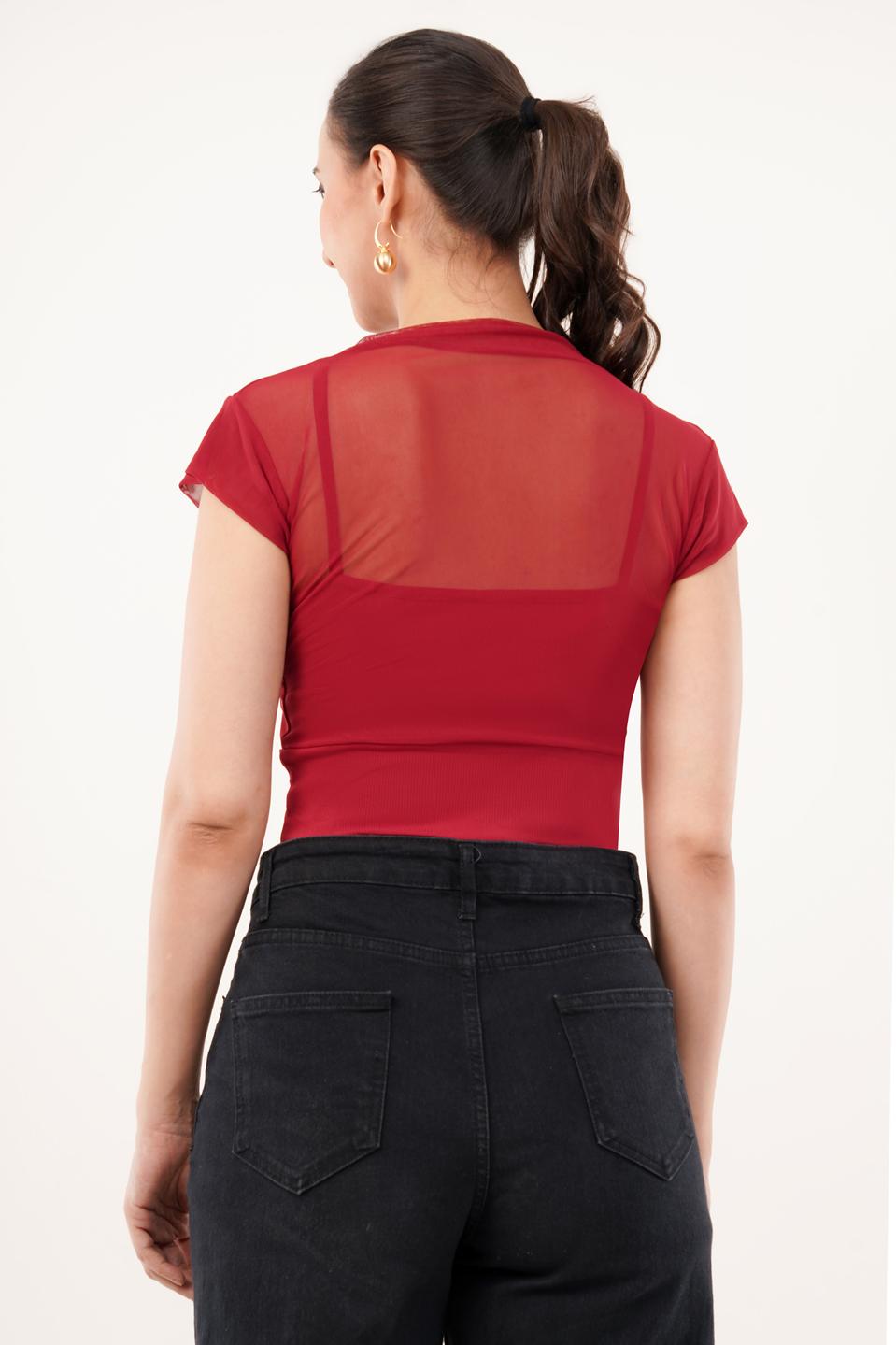 Clobug Women Short Sleeve Cotton Blend Red Crop Top