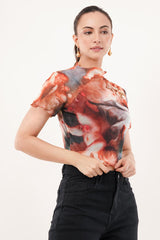 Clobug Women Short Sleeve Printed High Neck Crop Top