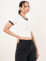 Clobug Women Cotton Blend Round Neck Short Sleeve Crop Top