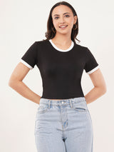 Clobug Women Cotton Blend Round Neck Short Sleeve Crop Top