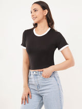 Clobug Women Cotton Blend Round Neck Short Sleeve Crop Top