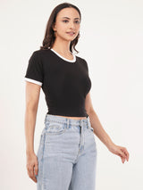 Clobug Women Cotton Blend Round Neck Short Sleeve Crop Top