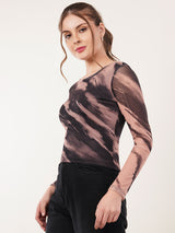 Clobug Women Printed Round Neck Regular Mesh Top