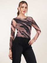 Clobug Women Printed Round Neck Regular Mesh Top