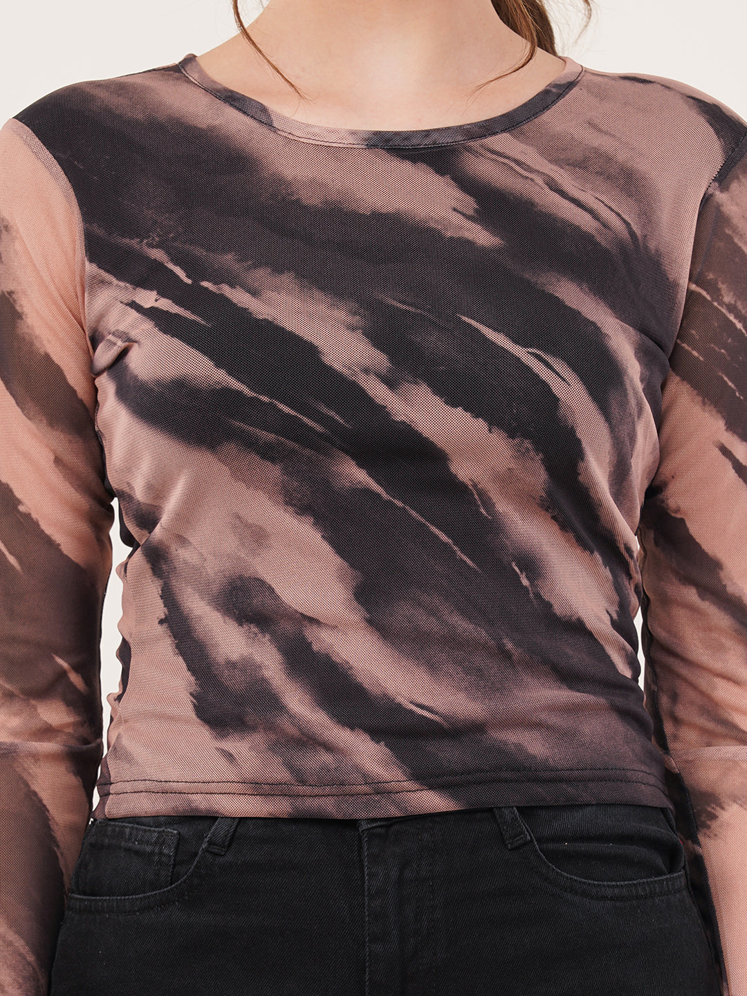 Clobug Women Printed Round Neck Regular Mesh Top