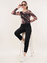 Clobug Women Printed Round Neck Regular Mesh Top